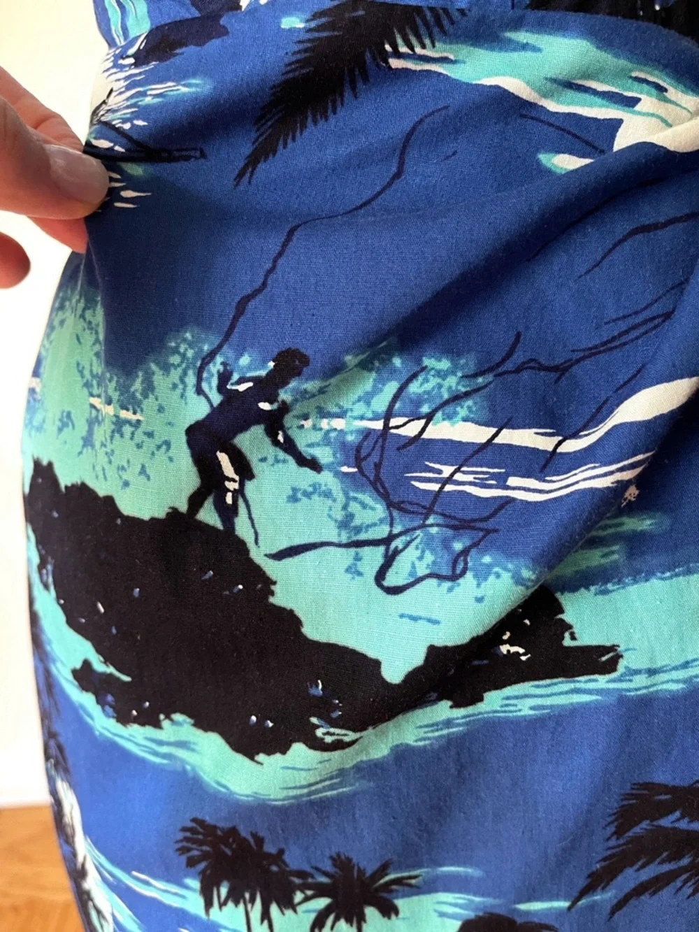 Rare Vtg 1950s Alfred Shaheen blue Hawaii island scene sweetheart wrap dress XS - Picture 7 of 16